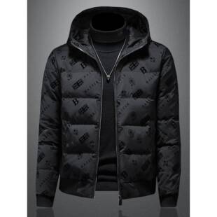 90白鸭绒欧洲站羽绒服男士连帽印花外套加厚潮牌2025冬季青年短款