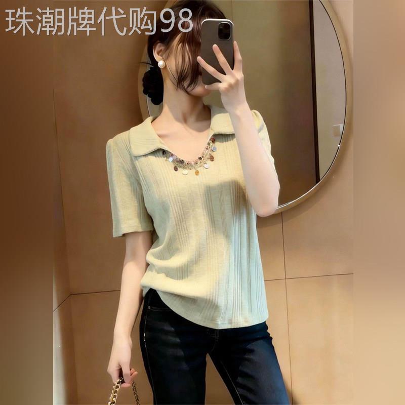 潮牌洋派设计感翻领流苏短袖上衣女夏季大尺码胖妹妹气质显瘦针织