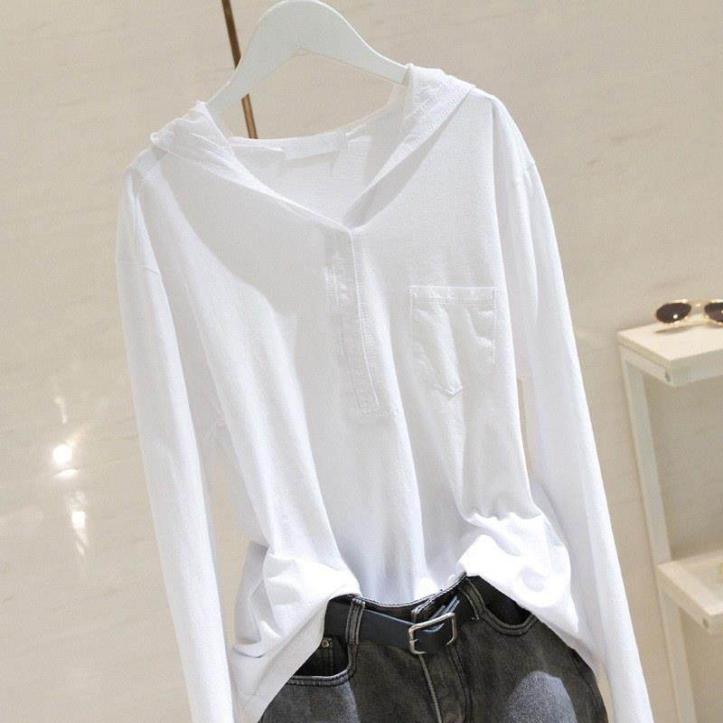 白色连帽长袖t恤女春秋v领纯棉打底小衫中长薄款上衣大码口袋卫衣