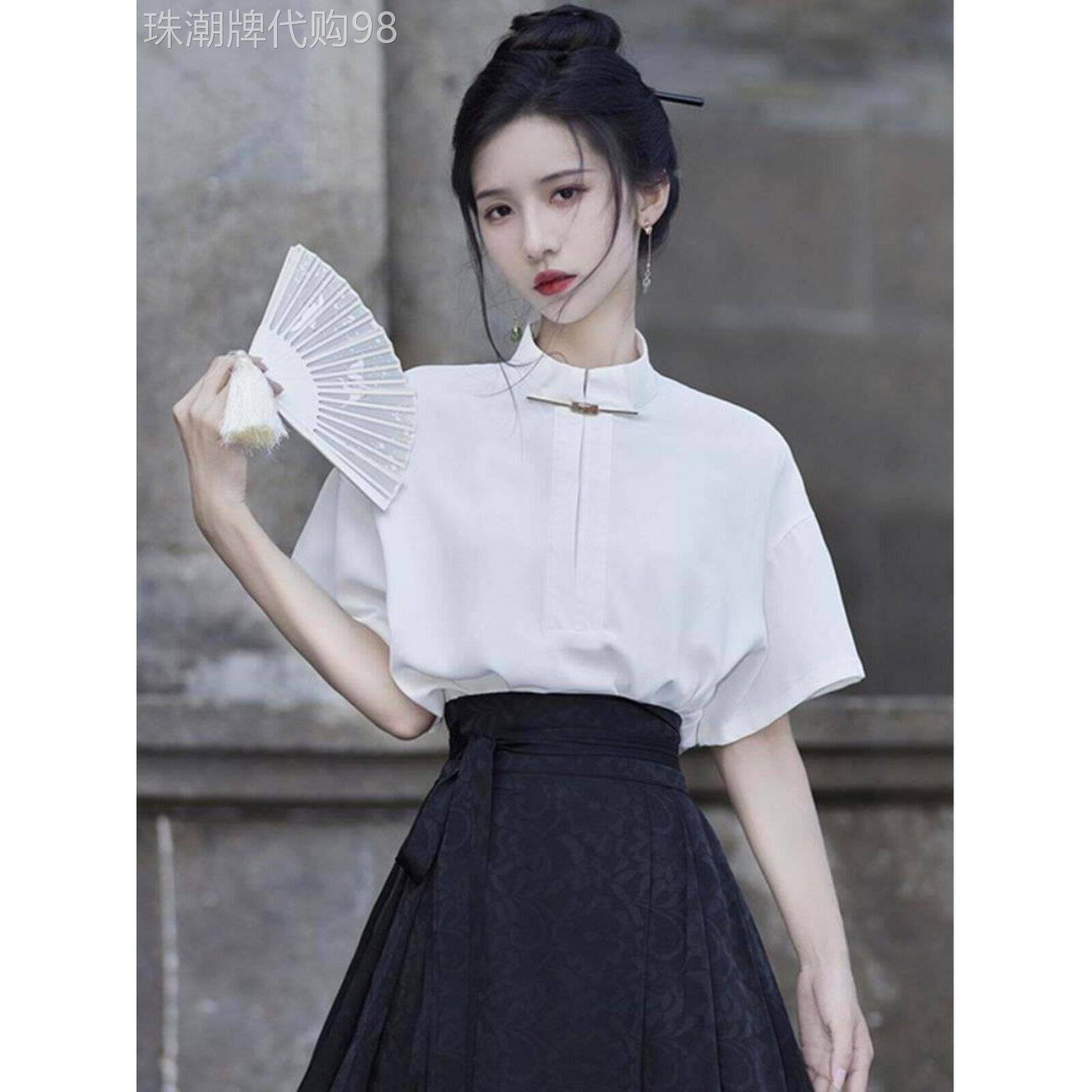 新中式白色立领衬衫女夏季国风汉元素改良汉服上衣覆古马面裙套装