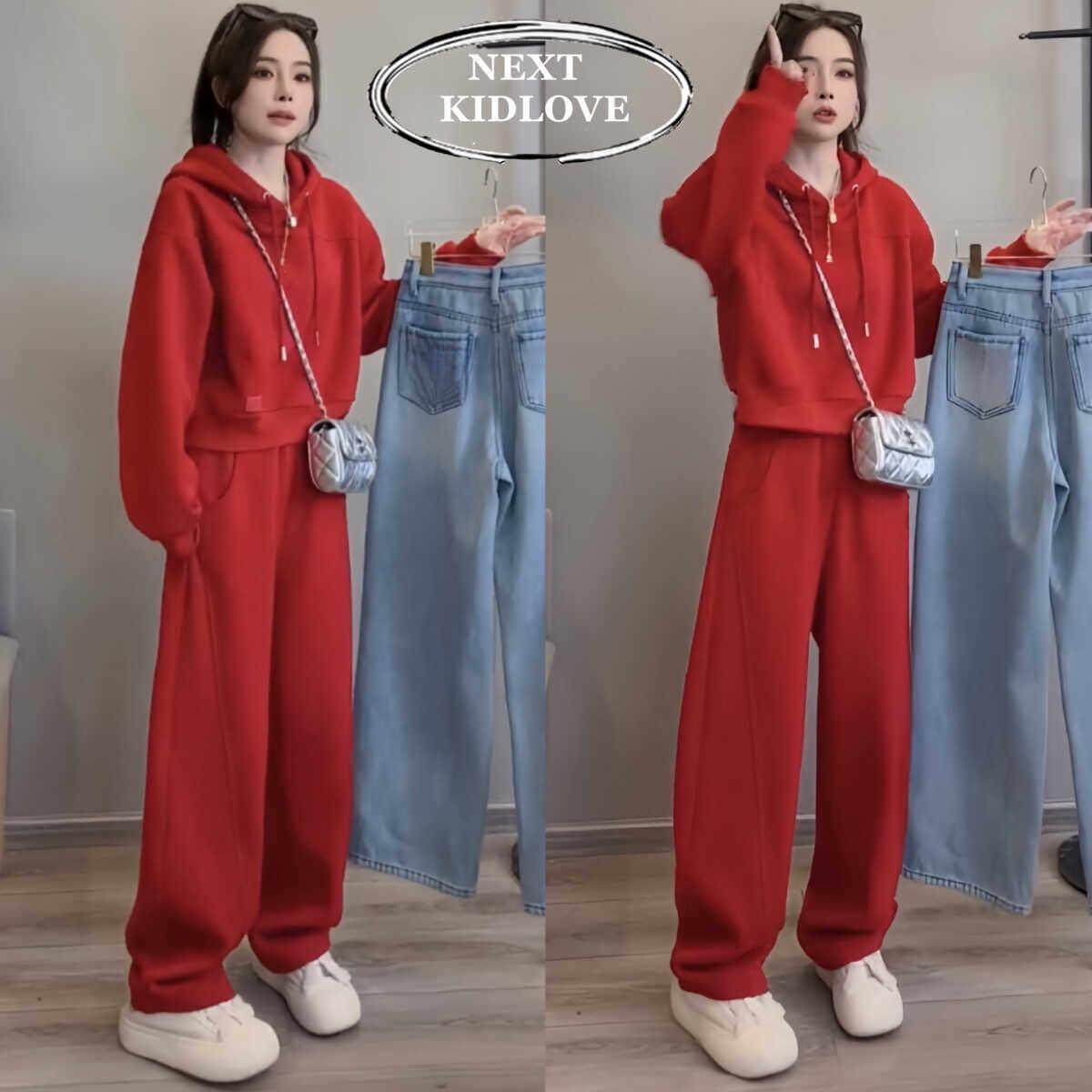 香港2024秋冬新款连帽卫衣阔腿裤两件套女休闲运动服红色套装加绒
