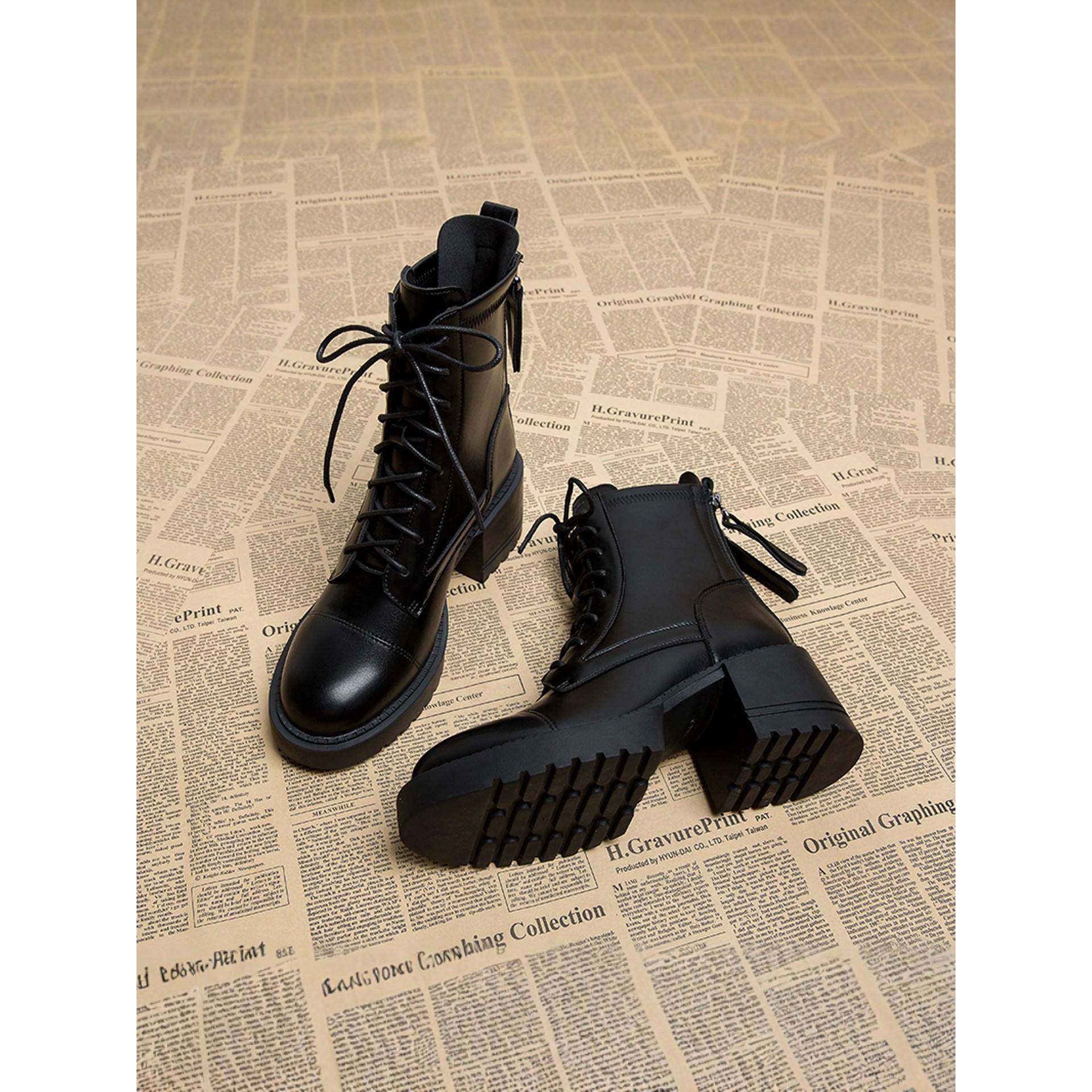 潮牌黑色系带粗跟马丁靴女款2025秋冬新款单靴显脚小女鞋高跟短靴