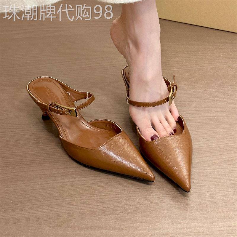 复古真皮包头半拖鞋女夏2025新款一字带韩版通勤尖头细跟高跟凉拖