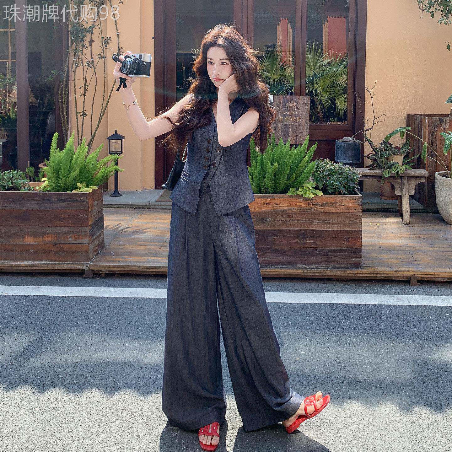灰色老钱风不规则拼接背心套装女2026夏季新款松弛感阔腿裤两件套