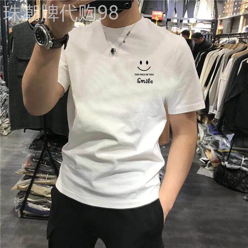 潮牌美式白色男士短袖t恤2026夏季新款潮流纯棉笑脸印花体恤男款