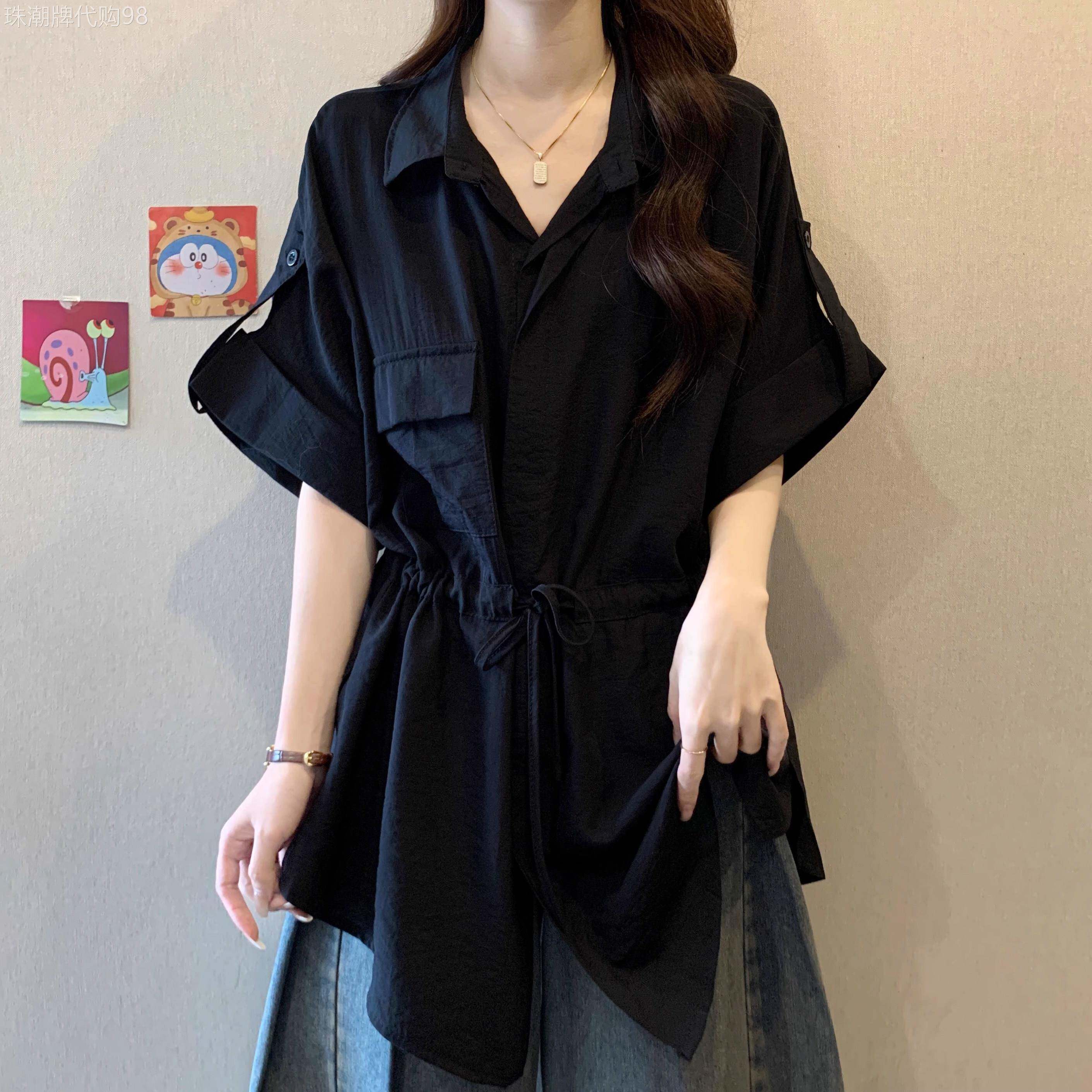 黑色工装衬衫女士短袖夏季薄款2026新款大码高级感中长款收腰上衣