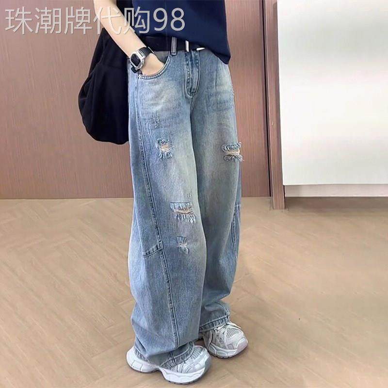 潮牌复古破洞弯刀牛仔裤女2026夏季高腰宽松梨型身材休闲阔腿裤子