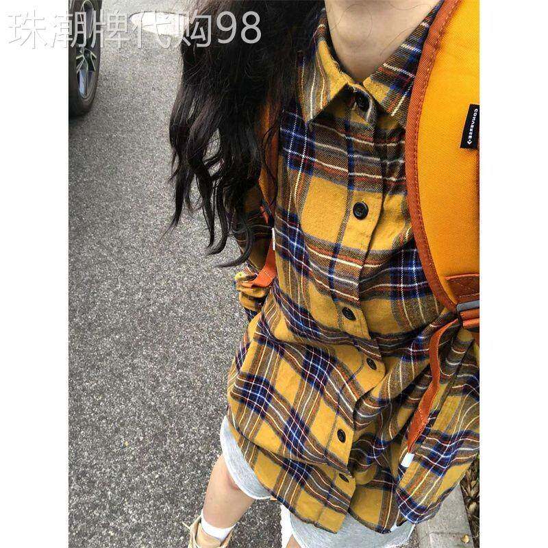 港风复古黄色格子衬衫女春秋新款宽松休闲高级感内搭叠穿衬衫外套
