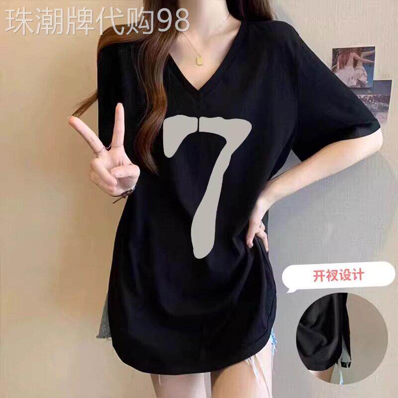 正肩短袖t恤女夏季2025新款薄宽松显瘦中长款纯棉v领半袖体恤上衣