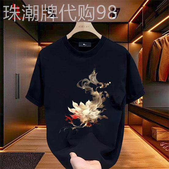 香港潮牌好运莲莲印花夏季短袖中国风男t恤爆款轻奢纯棉时尚上衣