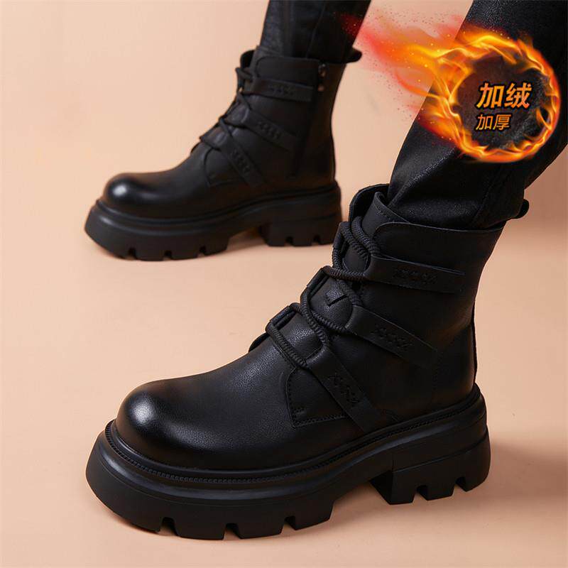 高端高帮厚底工装靴男士加绒圆头真皮马丁靴2025冬季英伦风机车靴