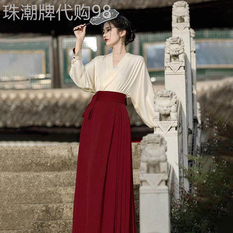 潮牌新中式改良汉服女马面裙日常可穿汉元素结婚敬酒服红色度假裙