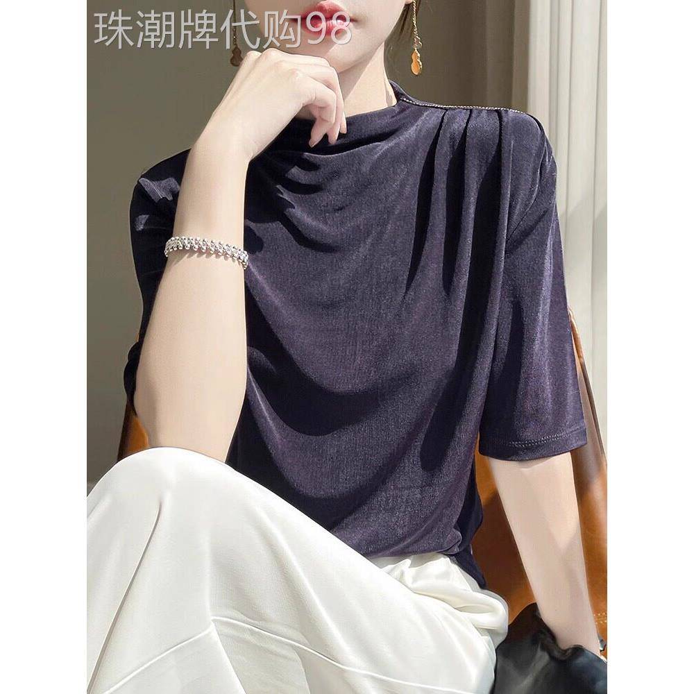 醋酸五分袖t恤的妇女夏季瘦2025新设计利基热钻石宽松半高领上衣
