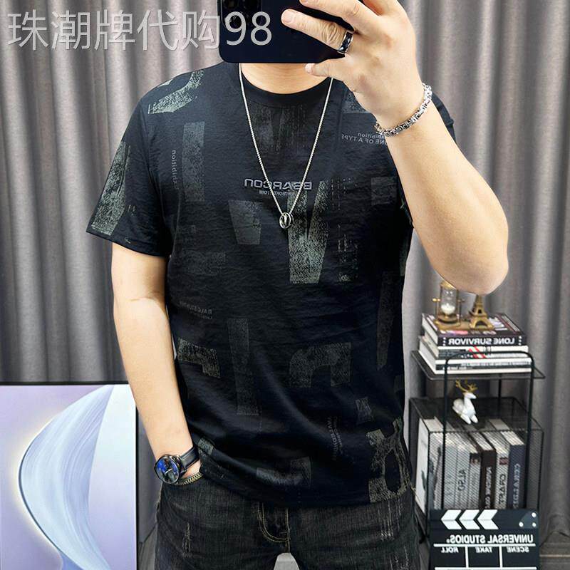 短袖t恤男夏季潮牌痞帅棉麻薄款透气圆领休闲上衣印花修身体恤衫