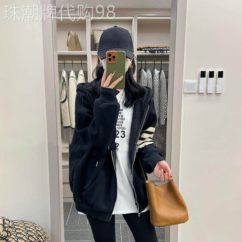 黑色连帽棒球服外套女秋冬季欧货大码学院风加绒加厚拉链卫衣开衫