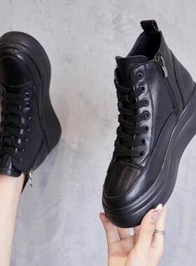 黑色单鞋内增高9CM休闲懒人鞋真皮加绒棉鞋秋冬轻便软底旅游鞋女