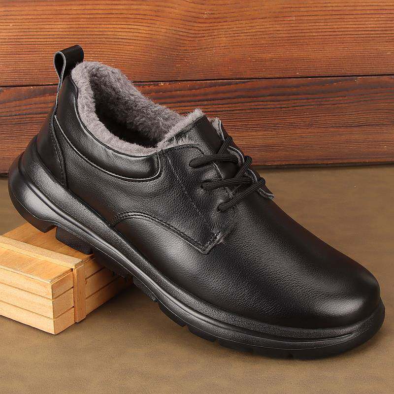 欧货头层牛皮休闲皮鞋男款冬季高端加绒保暖系带软底商务青年男鞋
