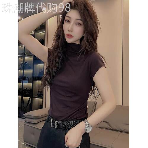 正肩短袖t恤女夏季薄款2026新款修身显瘦纯色半高领半袖体恤上衣