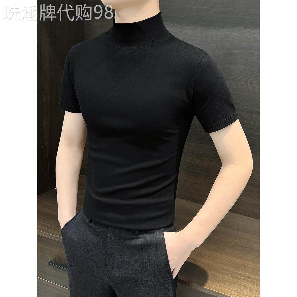 黑色打底衫男士半高领短袖上衣2025新款秋冬内搭中领半袖T恤男款