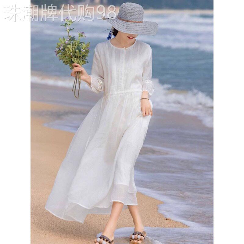 白色短袖连衣裙女夏季薄款2026新款时尚优雅大摆宽松显瘦沙滩长裙