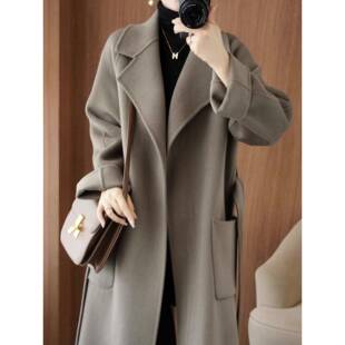 韩国女装秋冬灰咖色双面羊绒廓形大衣高级感中长加厚系带毛呢外套
