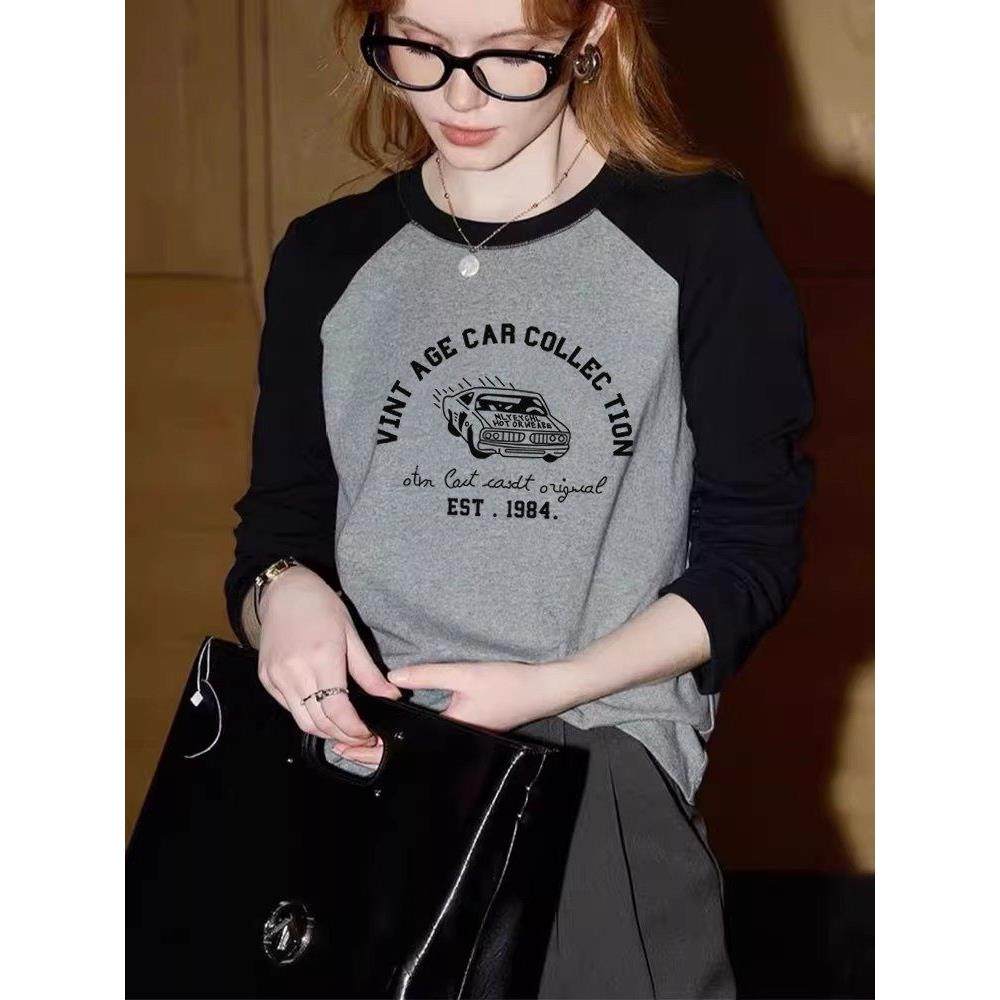 韩国正肩纯棉拼色圆领长袖t恤女时尚百搭减龄灰色显气质上衣秋季