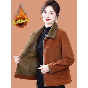 妈妈冬装外套加绒加厚棉衣小个子中老年女春秋短款灯芯绒翻领棉袄