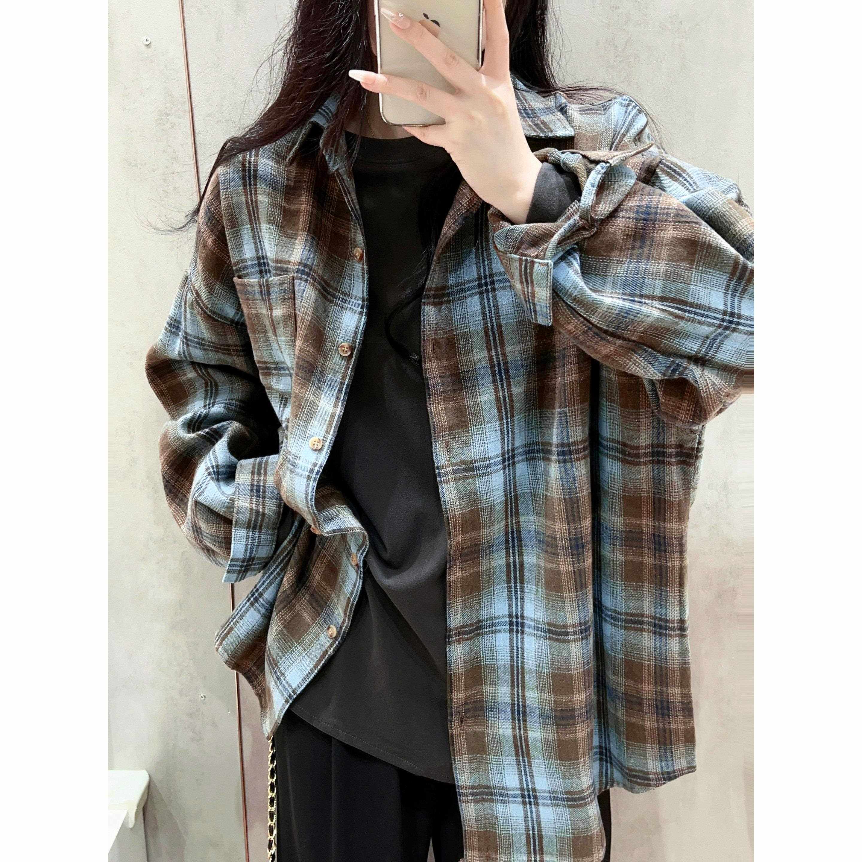 拉丝棉覆古格纹春秋季女士衬衫加厚宽松慵懒风格分层休闲长袖上衣