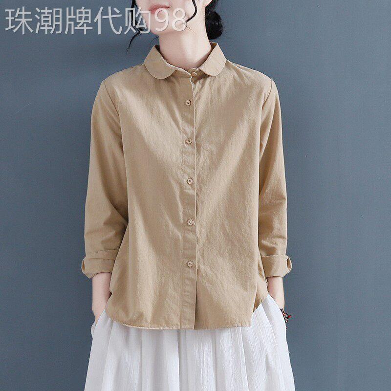 棉麻衬衫女春秋2025年新款设计感小众白色女士衬衣长袖娃娃领上衣