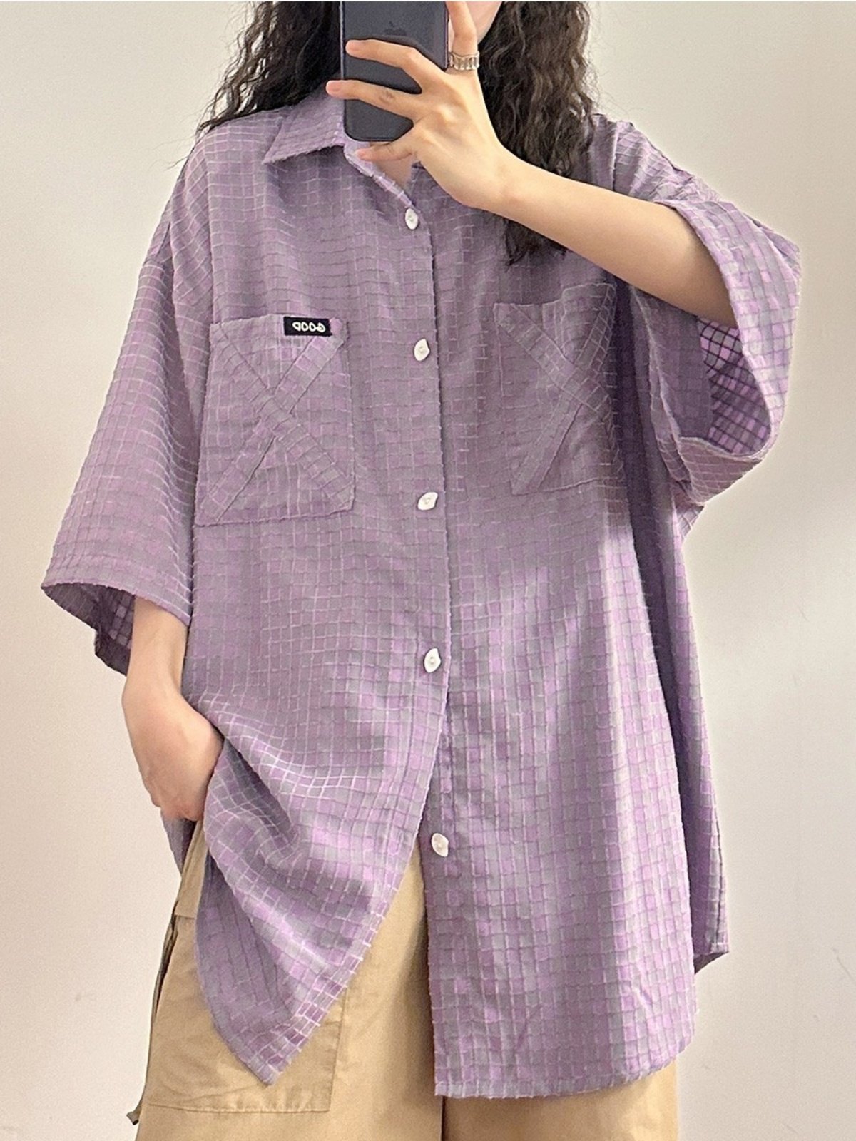 미국 복고풍 여름 느슨한 질감의 보라색 격자 무늬 반팔 셔츠 여성용 홍콩 스타일 자외선 차단 셔츠 탑 패션