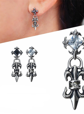 Musa Singing男士日系百合纹章耳坠十字镶嵌大颗粒锆石潮人耳钉
