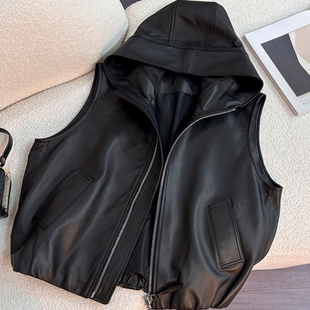 欧货连帽PU皮衣马甲女拉链无袖 潮 机车服显瘦休闲马夹2025秋冬新款