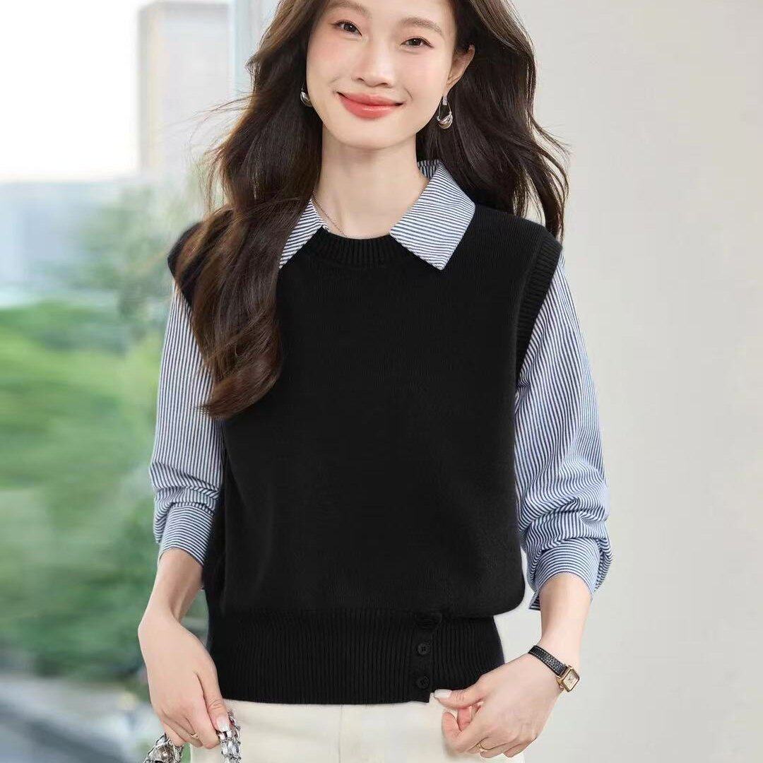 初秋外穿条纹衬衫拼接毛衣薄款假两件女上衣带领子针织衫打底衬衣