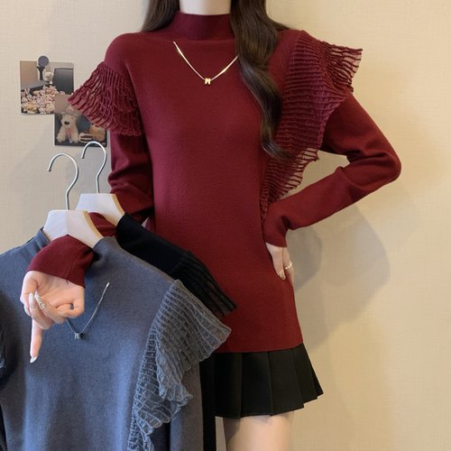 实拍大码半高领网纱长袖针织衫女秋冬胖MM荷叶边内搭打底衫上衣