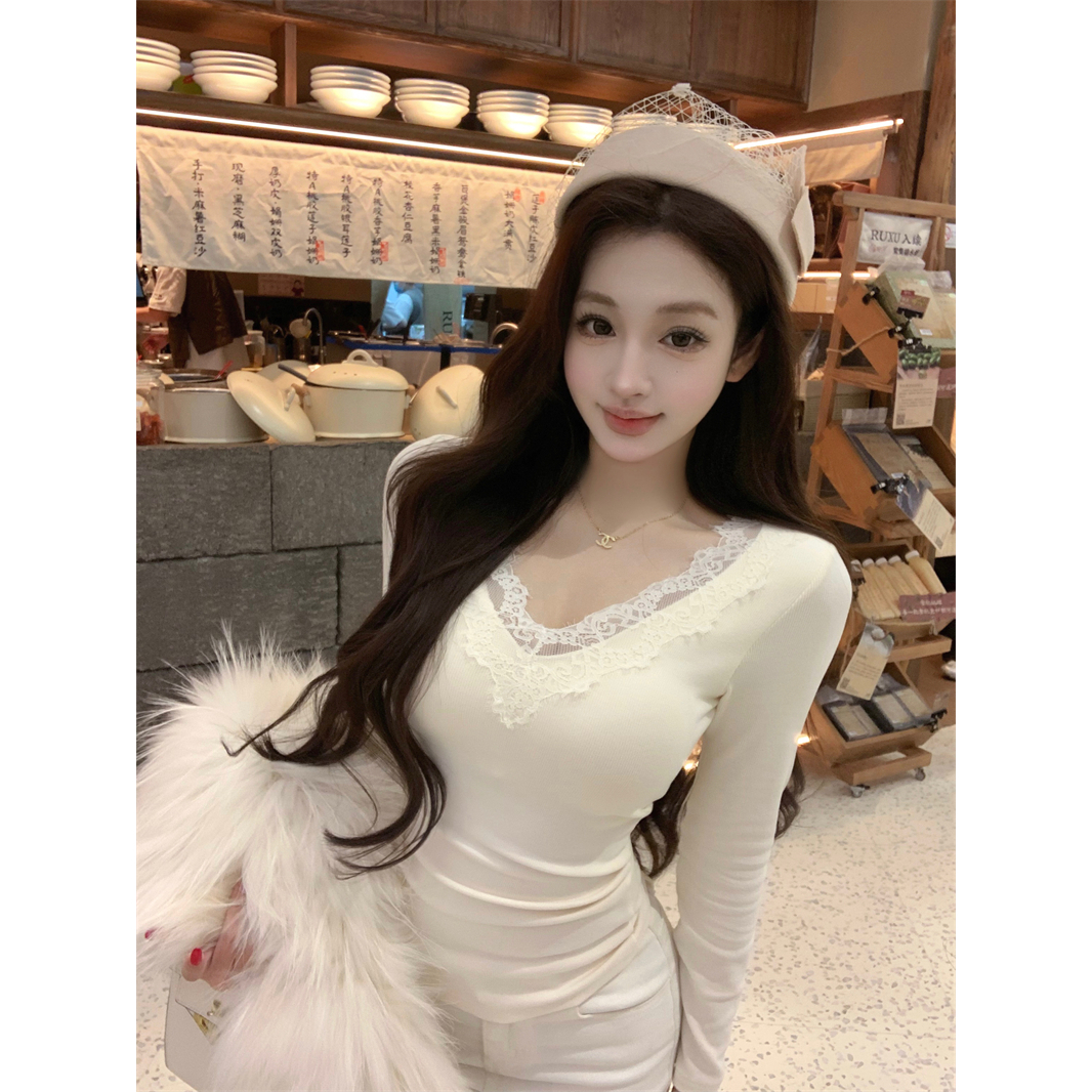 实拍实价超亲肤长袖蕾丝内搭打底自带胸垫