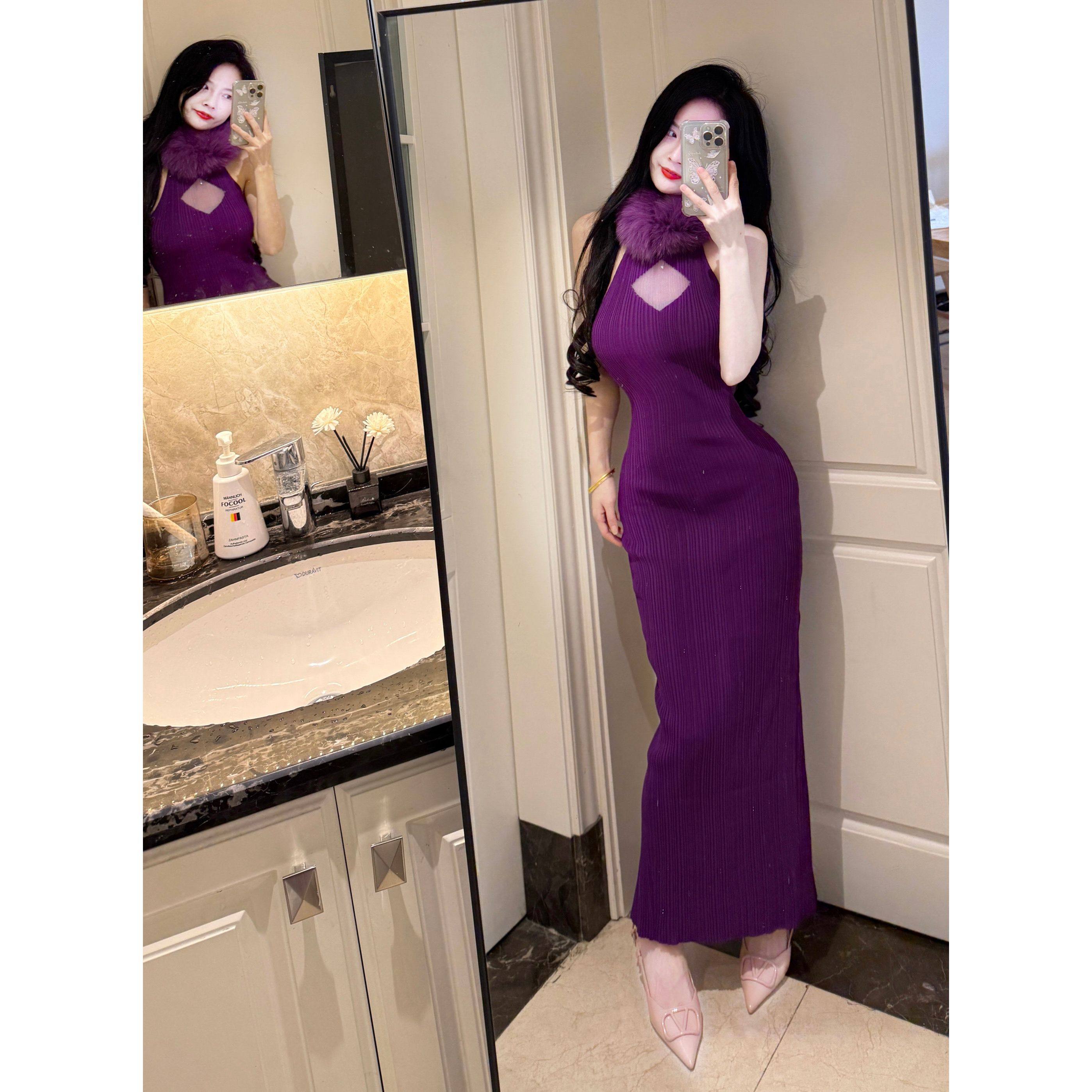 韩国优雅性感仿狐狸毛领针织包臀连衣裙秋冬紫色挂脖晚礼服长裙子