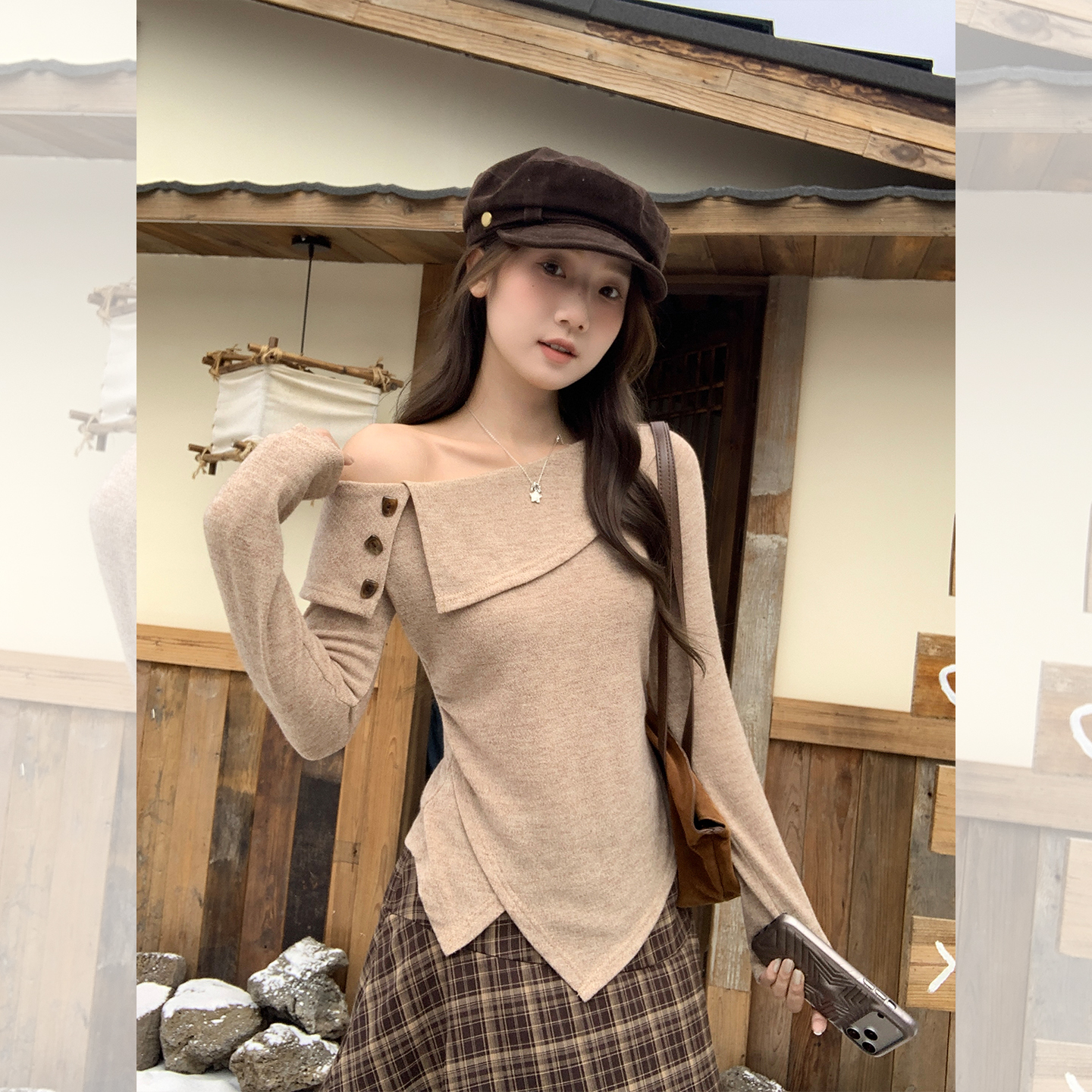 实拍实价韩式秋新款斜领露肩开叉长袖T恤修身显瘦打底内搭上衣女