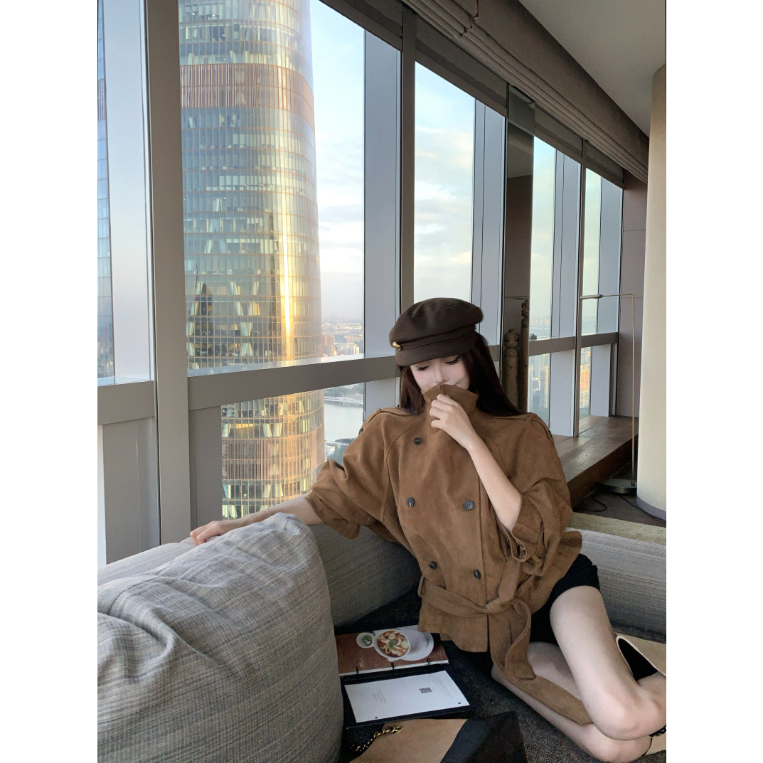 实价实拍复古翻领短款麂皮外套女秋季百搭显瘦系带机车夹克上衣