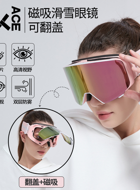JKACE滑雪眼镜翻盖磁吸柱面双层防雾可戴近视男女滑雪护目镜雪镜
