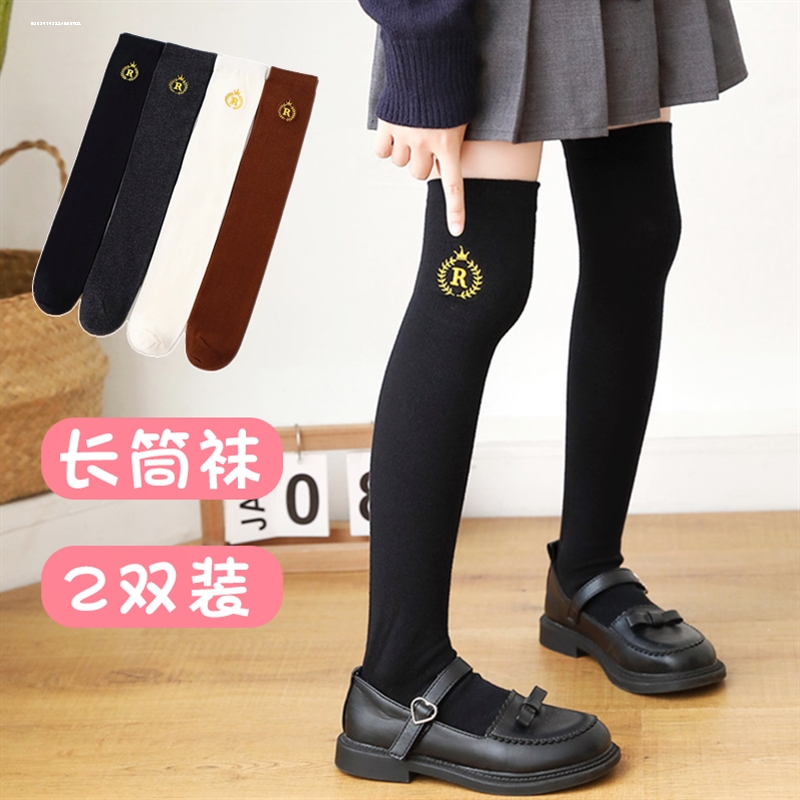 到膝盖的长筒袜子春秋款半截中筒黑色初高中学生秋天女童儿童过漆