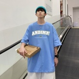 T3487P25英文印花男宽松T恤港风落肩纯棉男T短袖潮趣T恤春夏，男装T恤，星座510A-6