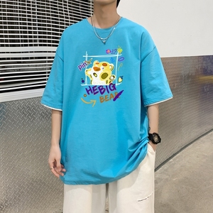 T3482P25港风落肩纯棉男T短袖印花T恤春夏新款卡通印花宽松T恤图片