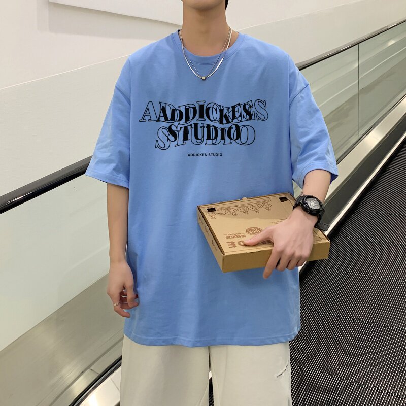 T3484P25春夏新款2022男宽松T恤港风落肩纯棉男T短袖潮趣印花T恤图片