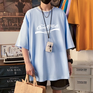 T3348P25春夏新款2022男士宽松T恤港风落肩纯棉男T短袖T恤加大男T图片