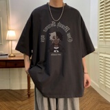 T6239P25夏2023落肩款宽松棉T男士T恤港风印花纯棉短T黑色，男装T恤，星座510A-6