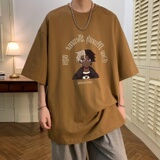 T6239P25夏2023落肩款宽松棉T男士T恤港风印花纯棉短T黑色，男装T恤，星座510A-6
