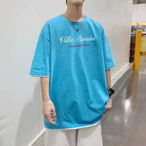 T3342P25短袖潮趣印花T恤春夏新款2022男宽松T恤港风落肩纯棉男T图片