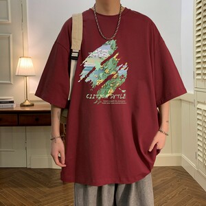 T7139P25 夏2023落肩款宽松棉T男士T恤港风印花纯棉短T图片