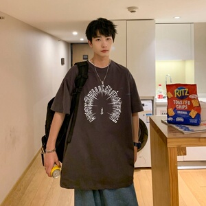 T3762P25落肩纯棉T短袖字母卡通印花T恤新2022男宽松圆领T恤港风图片