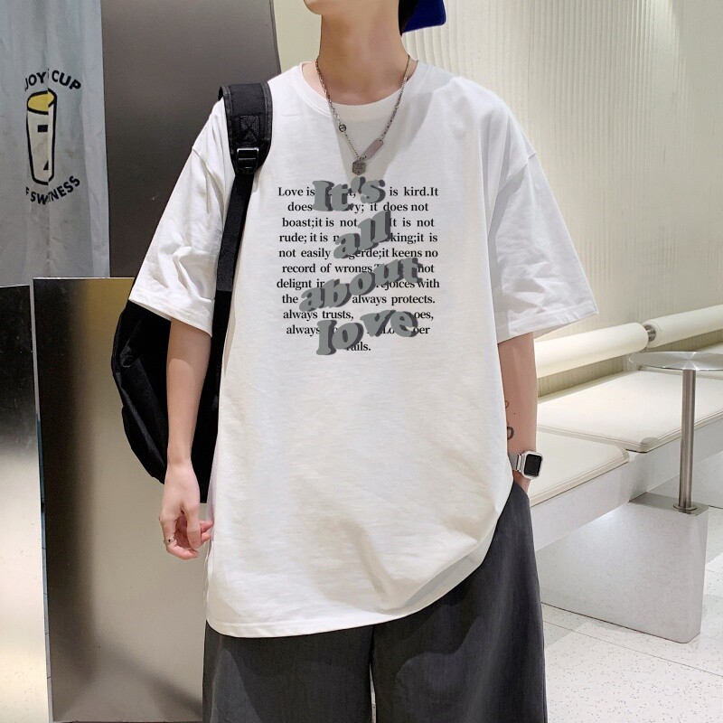T3486P25英文男宽松T恤港风落肩纯棉男T短袖潮趣印花T恤春夏图片